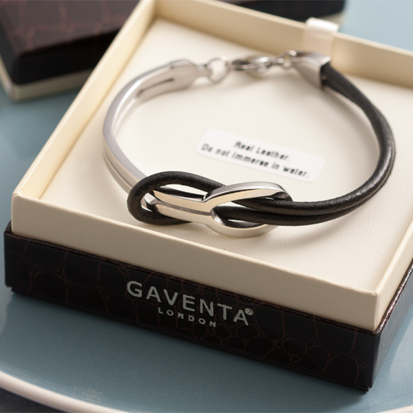 Black Leather and Stainless Steel Mens Bracelet in Personalised Gift Box