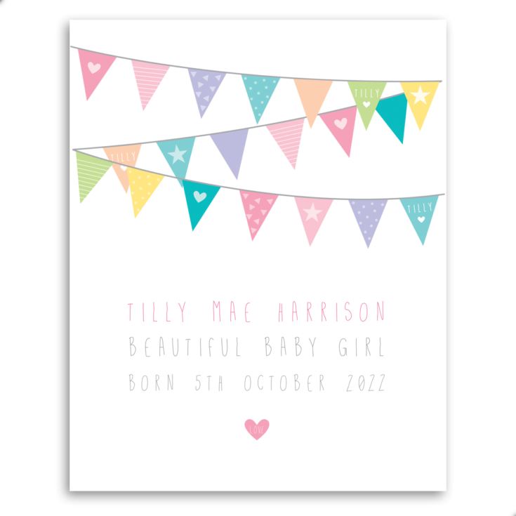 New Baby Girl Bunting Design Personalised Framed Print product image