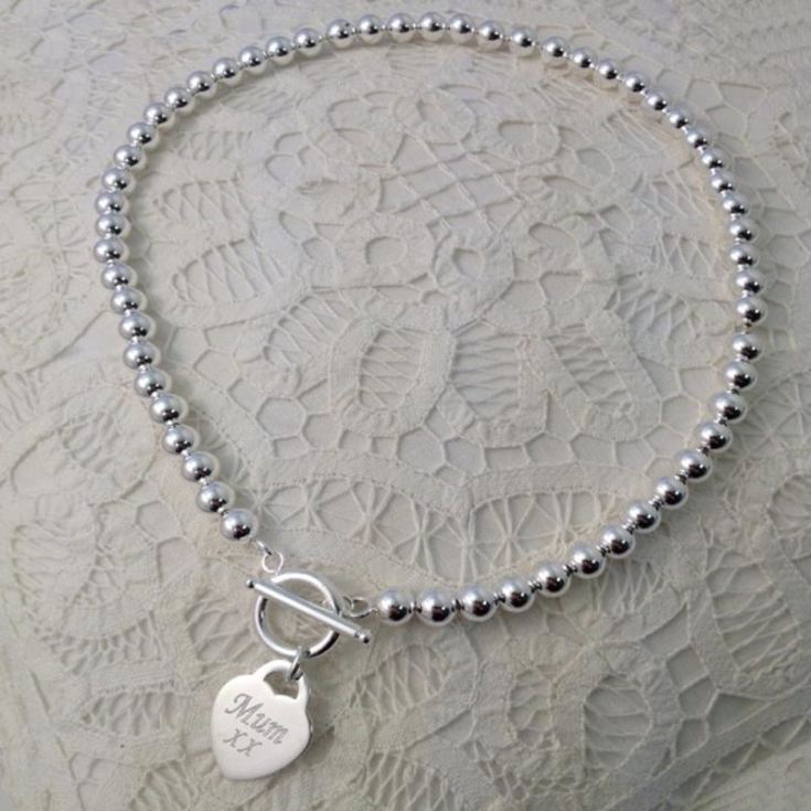Silver Plated Bead Necklace With Silver Plated Engraved Heart and Personalised Gift Box product image