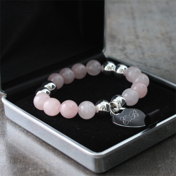 Rose Quartz Bracelet with Personalised Heart and Presentation Box product image