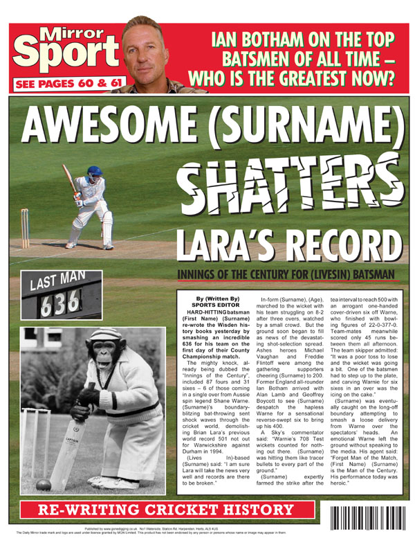 Themed Male Spoof Newspapers Cricket Runs Record Shattered