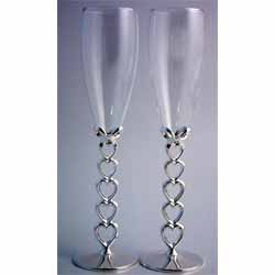 Pair of Silver Heart Stem Champagne Glasses