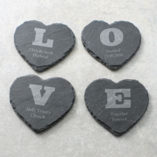 Personalised set of 4 Love Heart Slate Coasters Product Image