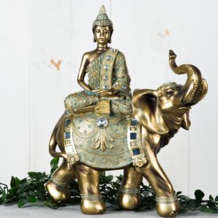 Verdigris Bronze Finish Buddha on Elephant Figurine 33cm Product Image