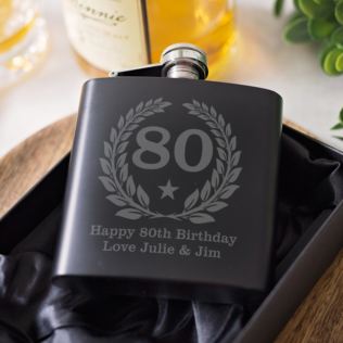 Personalised 80th Birthday Black Hip Flask Product Image