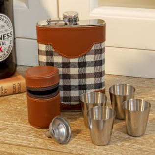 Chequer 8oz Faux Leather Hip Flask & Shot Glass - Engravable Product Image