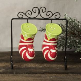 Red & White Striped Stocking Salt & Pepper Pots on Stand Product Image