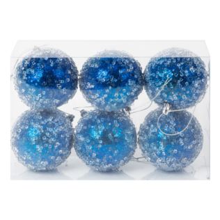 6 Assorted Blue Glitter & Bead Baubles Product Image