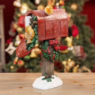 LED Light Up Post Box with Wreaths & Robins Ornament Product Image