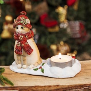 Hand Painted Cat with Red Scarf & Hat Tealight Holder Product Image