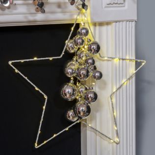 White Metal Star with 60 LEDs and Silver Baubles Product Image