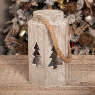 Large Wood Effect Lantern for LED Candle with Cut Out Tree Product Image