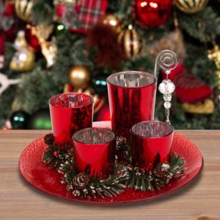 Set of 4 Red Glass Votive Holders on Tray with Pine Cones Product Image