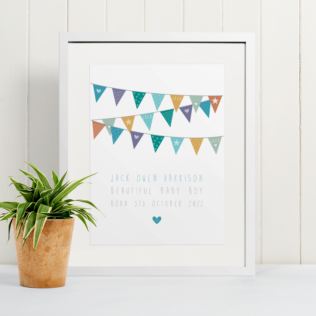 New Baby Boy Bunting Design Personalised Framed Print Product Image