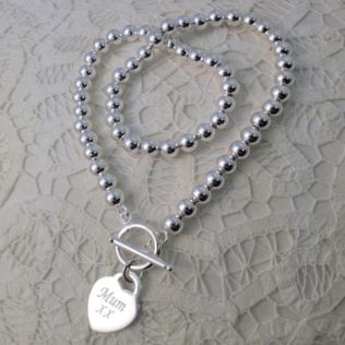 Silver Plated Bead Necklace With Silver Plated Engraved Heart and Personalised Gift Box Product Image