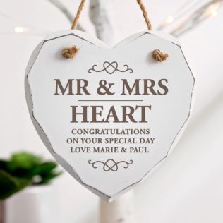 Personalised Mr & Mrs White Wooden Hanging Heart Product Image