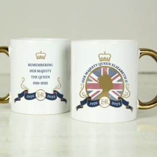 Personalised Queens Commemorative Union Jack Gold Handle Mug Product Image