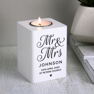 Personalised Mr & Mrs White Wooden Tea light Holder Product Image