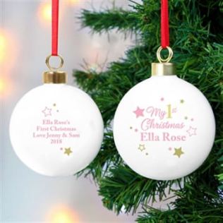 Personalised 'My 1st Christmas' Gold & Pinks Stars Bauble Product Image