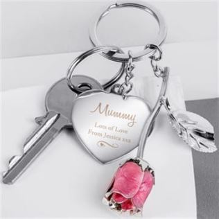 Personalised Silver Plated Swirls & Hearts Pink Rose Keyring Product Image