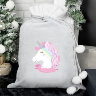 Personalised Christmas Unicorn Luxury Silver Grey Pom Pom Sack Product Image