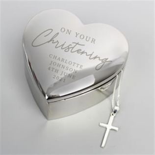 Personalised Christening Heart Trinket Box & Cross Necklace Set Product Image