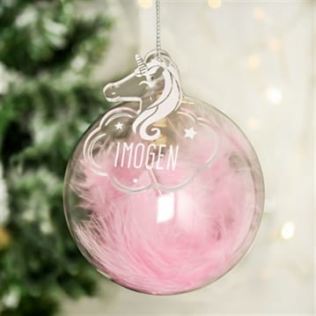 Personalised Pink Feather Glass Baubles with Unicorn Tag Product Image