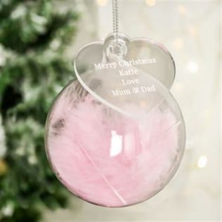 Personalised Pink Feather Glass Bauble with Heart Tag) Product Image