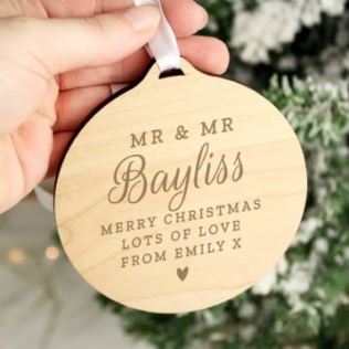 Personalised Wooden Mr & Mrs Christmas Decoration Product Image