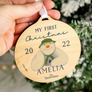 Personalised The Snowman My First Christmas Round Wooden Decoration Product Image