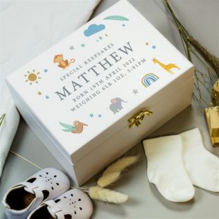 Personalised Safari Animals White Wooden Keepsake Box Product Image