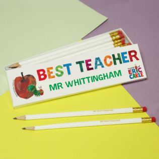 Personalised Very Hungry Caterpillar Best Teacher 12 White Pencils in White Box Product Image