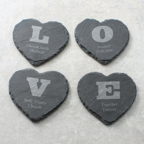 Personalised Engraved Heart Slate Wedding Coaster Mr&Mrs with Hearts 