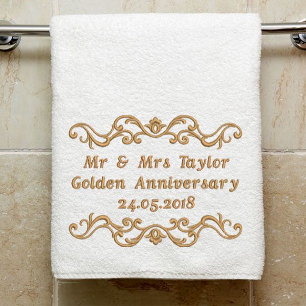 Personalised embroidered golden anniversary towel  the gift experience