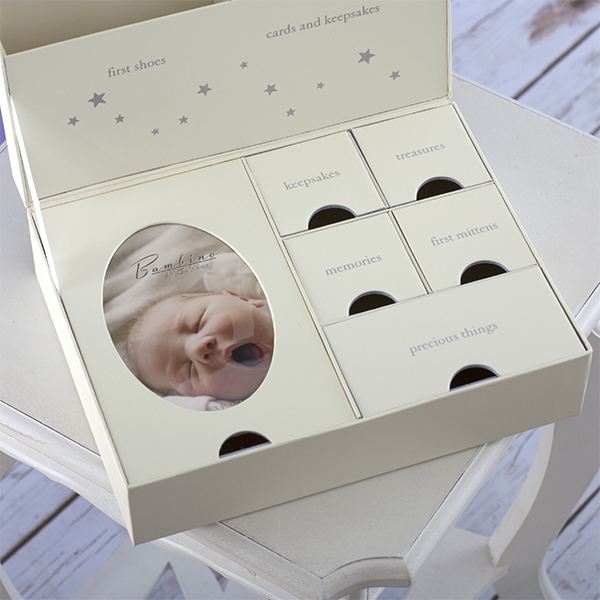 Baby Keepsake Box With 5 Additional Memory Items – Bamboo Memory Box For Baby Girls & Boys – Handprint Kit, Milestone Discs, Photo Corners, Glass Vials, Burlap Bag