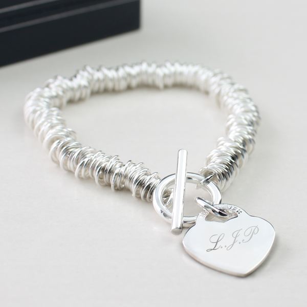 Solid silver, engraved heart bracelet