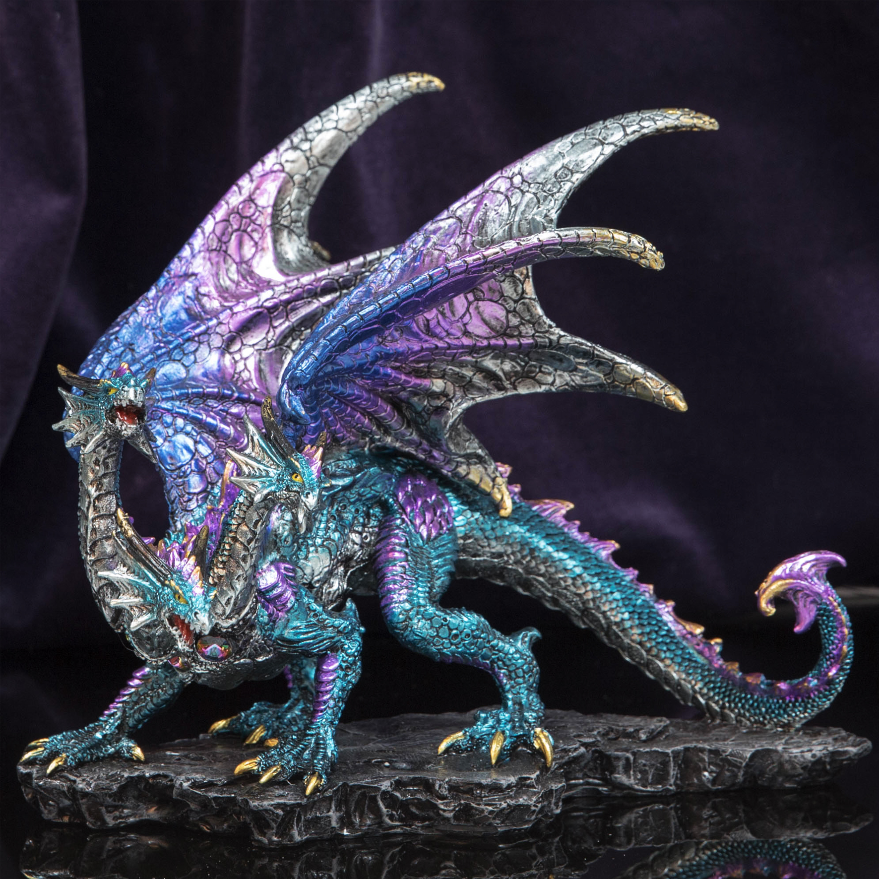 Metallic Blue Purple Three Headed Dragon Figurine Statue Mythical Ornament 21cm 