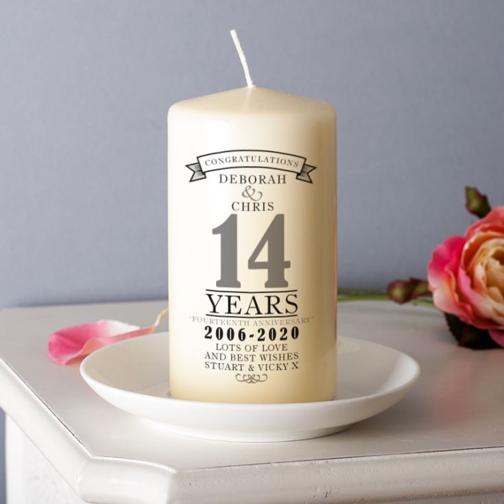 Bespoke China Anniversary Keepsake Candle For Him and Her Personalised 20th Wedding Anniversary White Pillar Candle For Husband and Wife