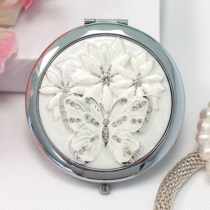 Engraved Sophia Silverplated Crystal And Butterfly Compact Mirror product image