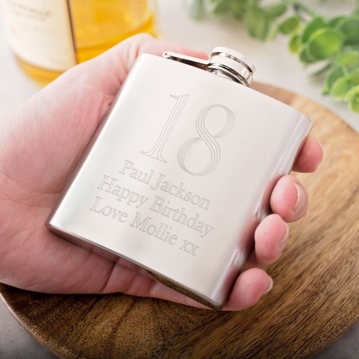 Personalised 18th Birthday Brushed Stainless Steel Hip Flask product image