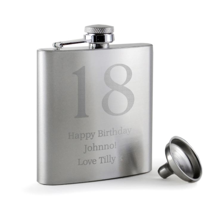 Personalised 18th Birthday Brushed Stainless Steel Hip Flask product image