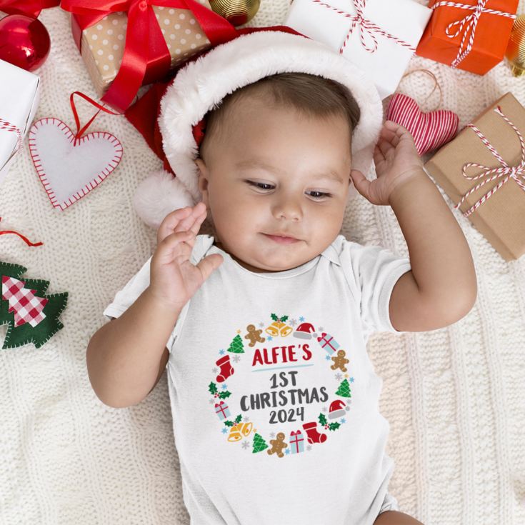 Personalised 1st Christmas Baby Grow Wreath Design product image