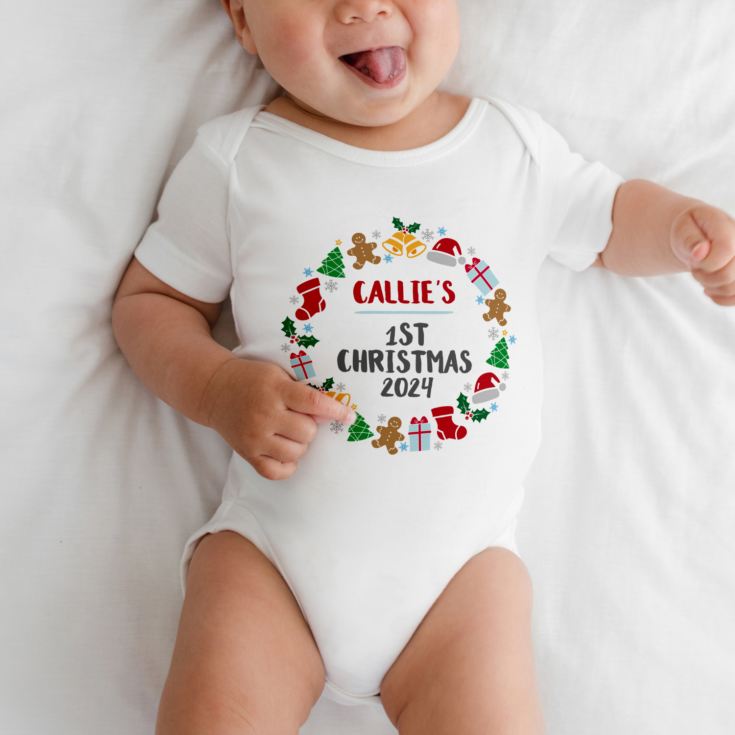 Personalised 1st Christmas Baby Grow Wreath Design product image