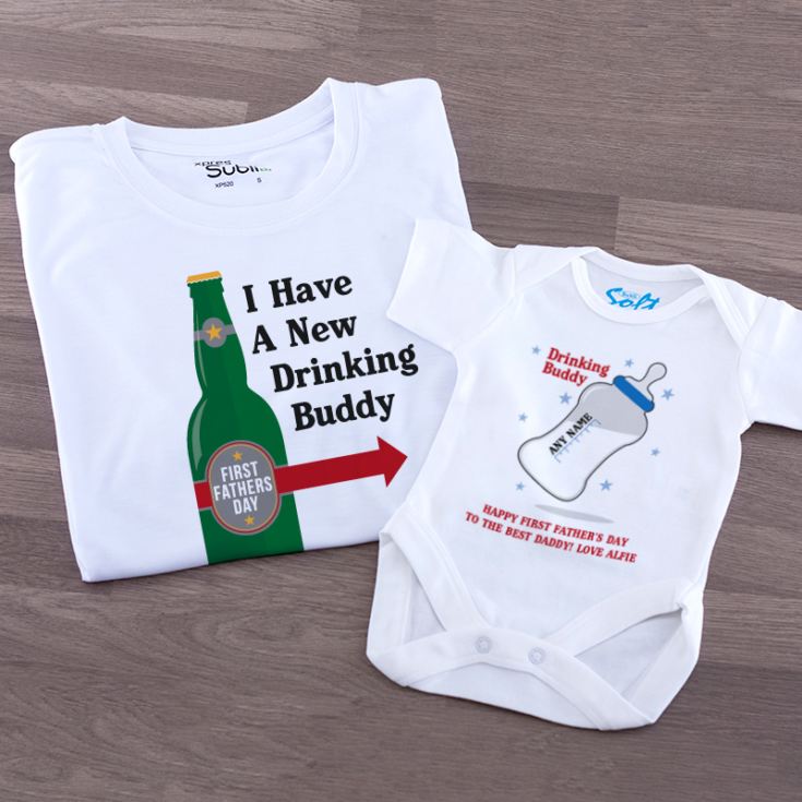 Personalised 1st Father's Day Drinking Buddies T Shirt & Baby Grow Set product image