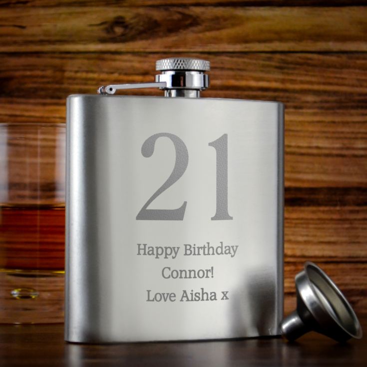 Personalised 21st Birthday Brushed Stainless Steel Hip Flask product image