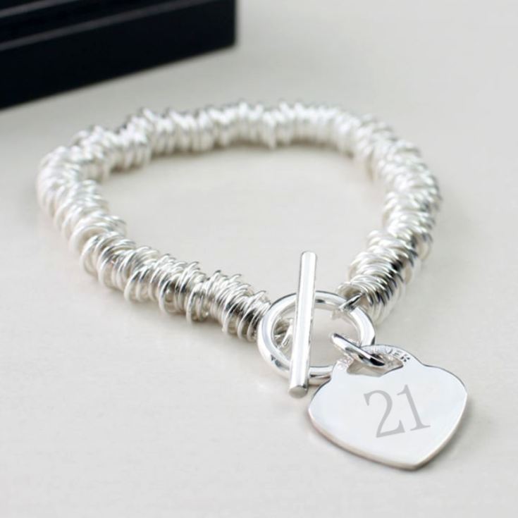 21st Birthday Solid Silver Heart and Rings Bracelet With Personalised Gift Box product image