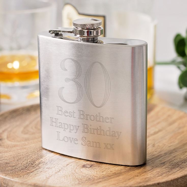Personalised 30th Birthday Brushed Stainless Steel Hip Flask product image