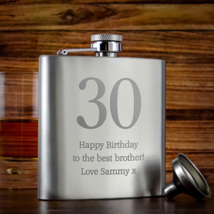 Personalised 30th Birthday Brushed Stainless Steel Hip Flask product image