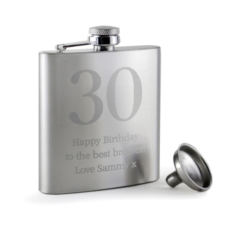 Personalised 30th Birthday Brushed Stainless Steel Hip Flask product image