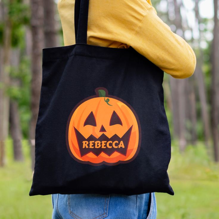 Personalised Pumpkin Halloween Treats Black Cotton Bag The Gift